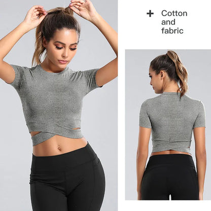 Aiithuug Waist Yoga Short Sleeve Crisscross Waist Breathable Gym Shirts Sports Tops Workout Fitness Crop Top Yoga Top