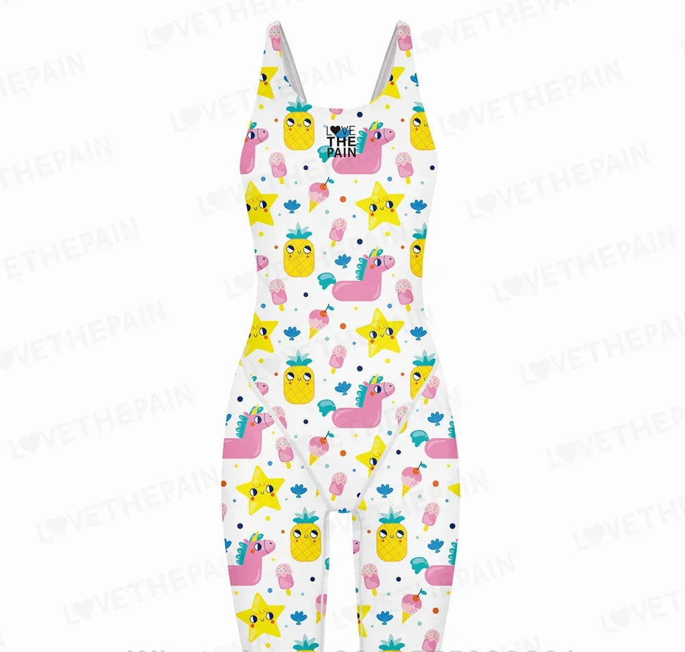 Girl Training Racing Swimwear Girl One Piece Competitive Swimsuits Summer Pool Professional Competition Knee Length Bodysuits