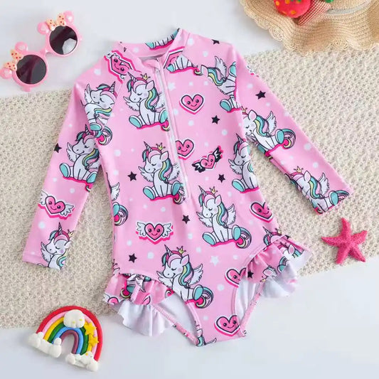 Printed Little Girls Swimsuit One Piece Long Sleeves Kids Swimwear Female Children's Bathers Bathing Swimming Swim Suit