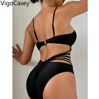 Black Strapped Swimwear Women Hollow Push Up One Piece Swimsuit Monokini High Waist Backless Bathing Suit