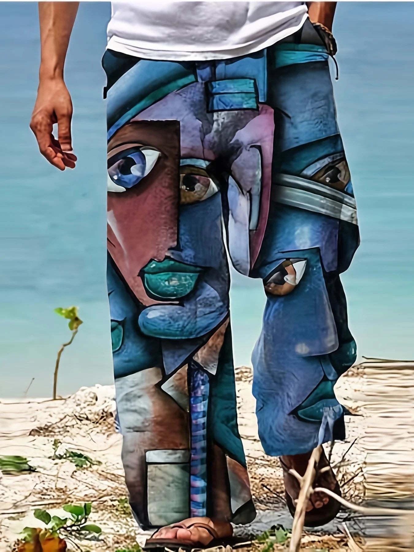 Summer Men's Cotton Linen Casual Pants Retro Ethnic Printing Mid Waist Drawstring Closure Large Size Wide Leg Beach Pants