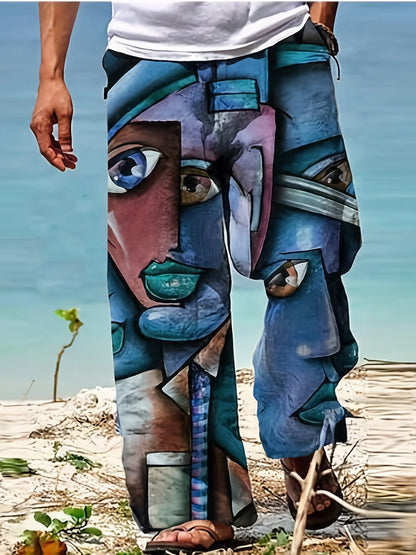 Summer Men's Cotton Linen Casual Pants Retro Ethnic Printing Mid Waist Drawstring Closure Large Size Wide Leg Beach Pants