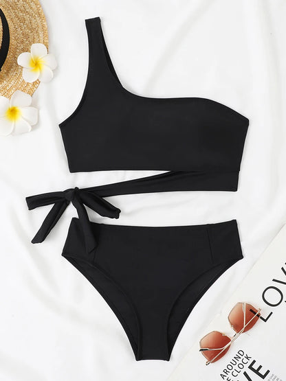 One Shoulder Bikini Set Swimsuit Women Solid Padded Swimwear Female Bathers Bathing Swimming Swim Suit Beachwear