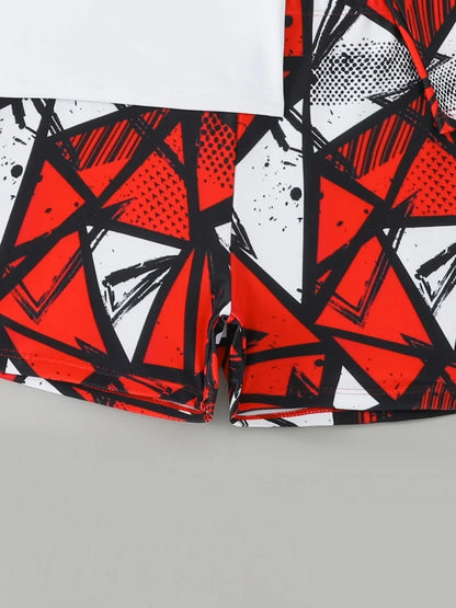 Boy Kids Swimsuit Red Print Long Sleeves Children Swimwear Summer Two Piece Shorts Beachwear Bathing Suit For Swimming