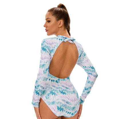 Print Long Sleeve Rash guard Women's Backless One-Piece Swimsuit for Surfing Beach Pool Bathers
