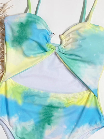 Tie Dye Tummy Cut Out Women Bandeau Swimwear One Piece Swimsuit Female High Cut Monokini Bather Bathing Suit Swim Lady