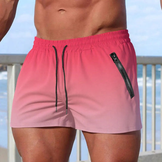 Men's Solid Color Swim Shorts Summer Casual Beach Board Shorts For Men Quick Dry Running Fitness Gym Shorts Zipper Pocket