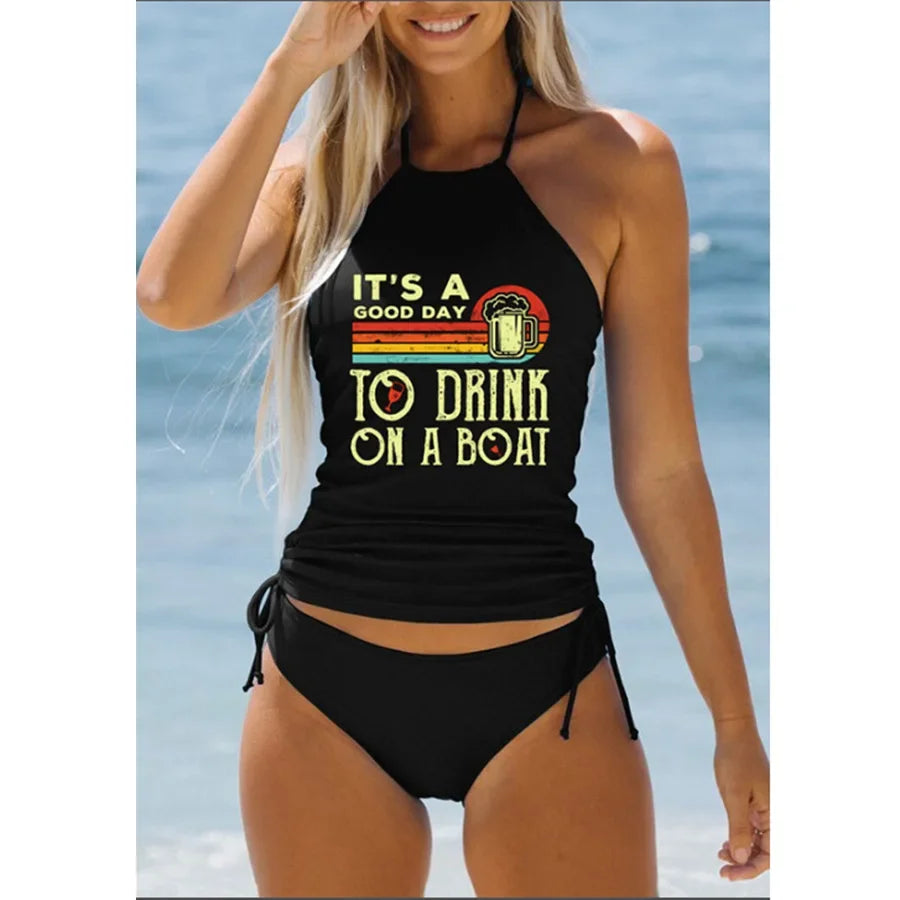 Women's Bathing Suit Coconut Drawstring Side Halter Neck Tankini Set Summer Beach Wear Cute Swimwear Women Swimsuit Bikini