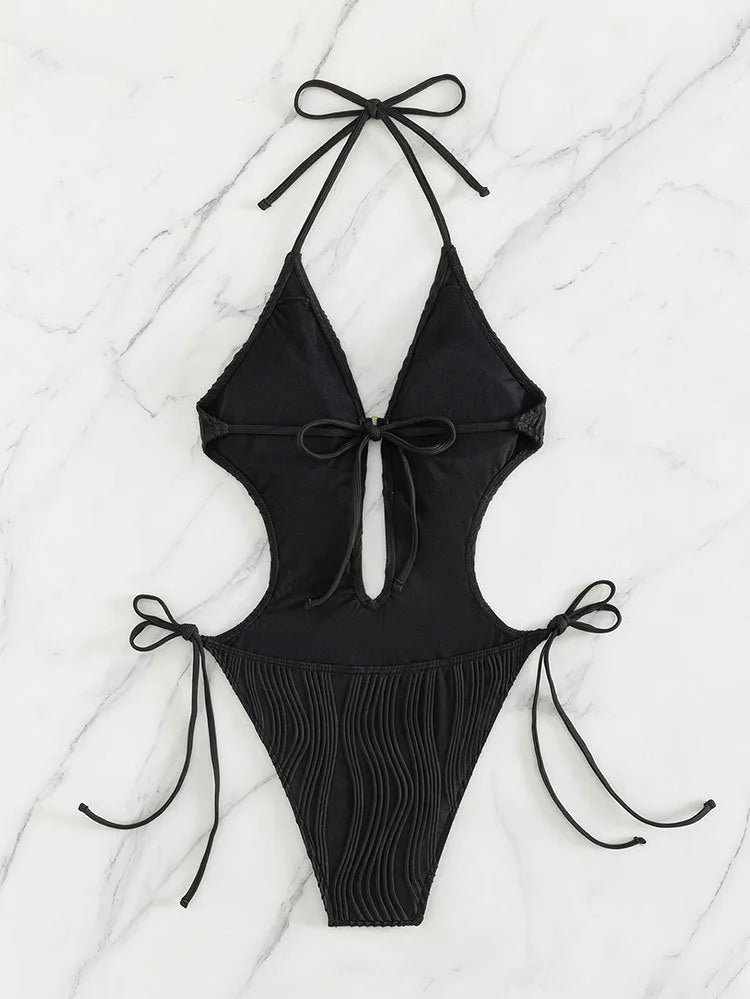 Cikini-Cut Out Tie Side Halter Swimsuit for Women, Monochromatic, Beach Swimwear, Bathing Suit, Summer