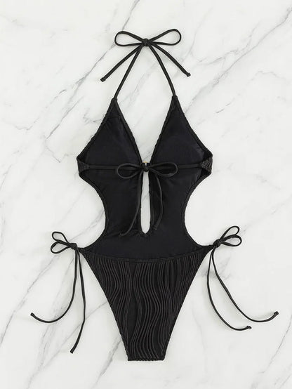 Cikini-Cut Out Tie Side Halter Swimsuit for Women, Monochromatic, Beach Swimwear, Bathing Suit, Summer