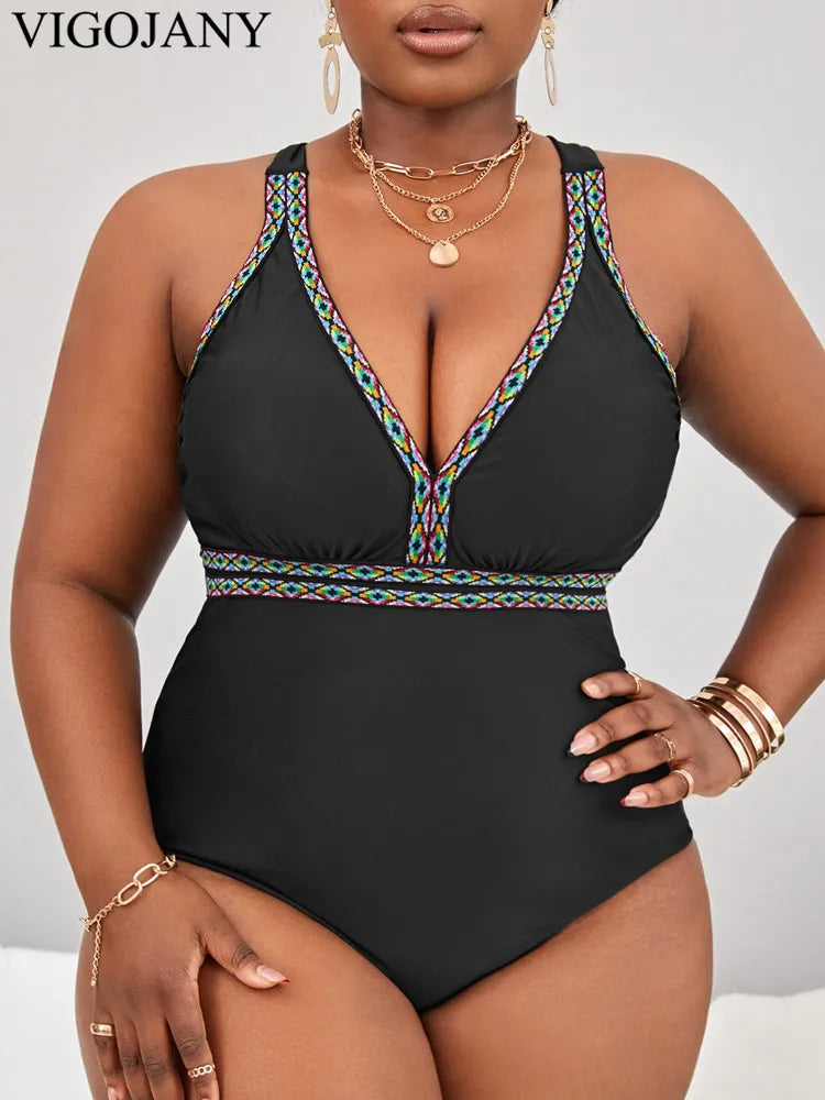 Black Strapped Plus Size Swimwear Women Patchwork Push Up One Piece Swimsuit Back Cross Hollow Big Bathing Suit