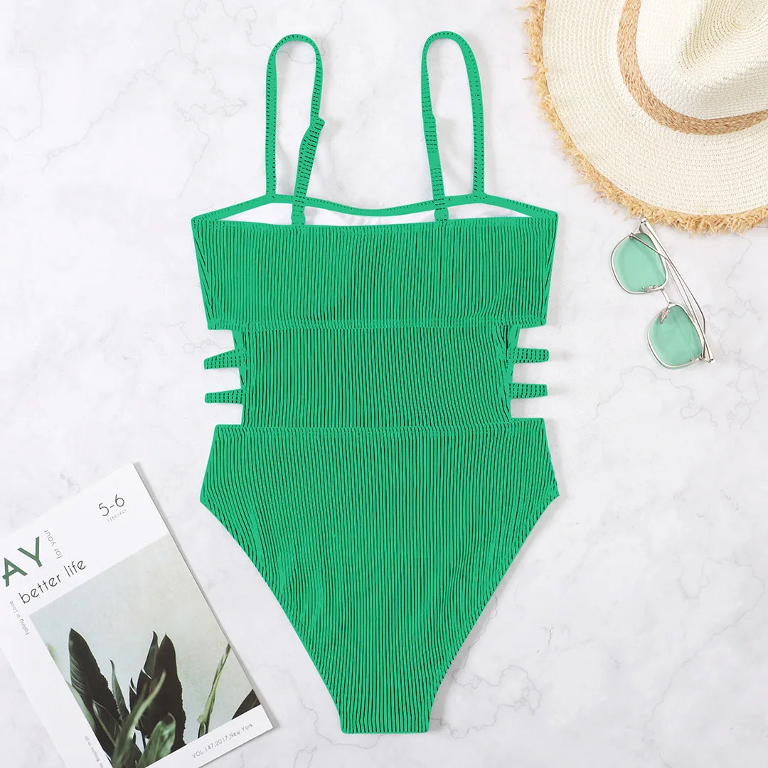 S - XL 11 Colors Ribbed Cut Out One Piece Swimsuit Women Swimwear Female High Leg Cut Padded Bather Bathing Suit Swim Lady