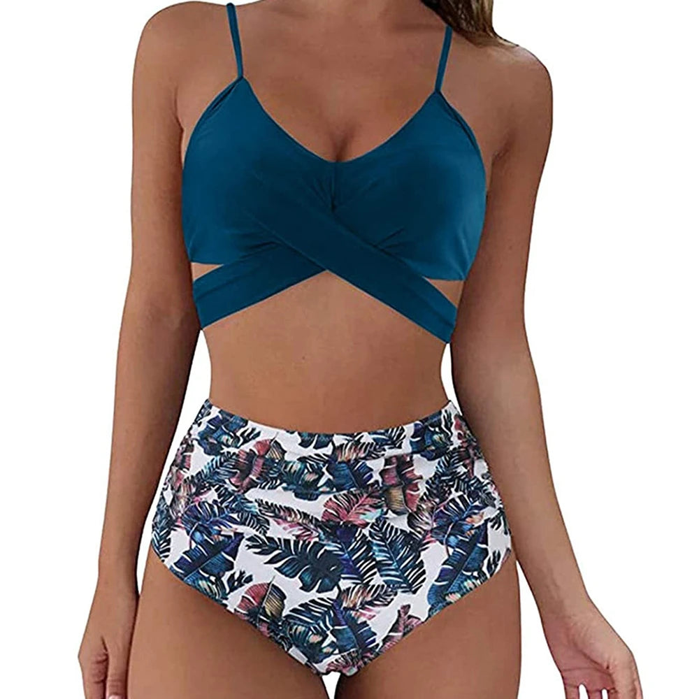 Bikini Two Piece Suit Cross Front Slim High Waisted Bottom Solid/Print Breathable Quick Drying Beachwear