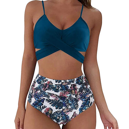 Bikini Two Piece Suit Cross Front Slim High Waisted Bottom Solid/Print Breathable Quick Drying Beachwear