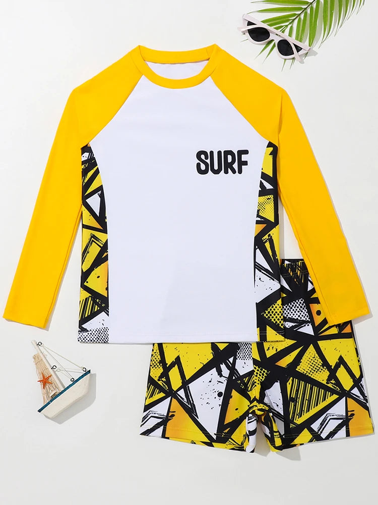 Boy Swimsuit Geometry Print Long Sleeve Children Swimwear Summer Two Piece Kids Beach Wear Swimming Bathing Suit Men's