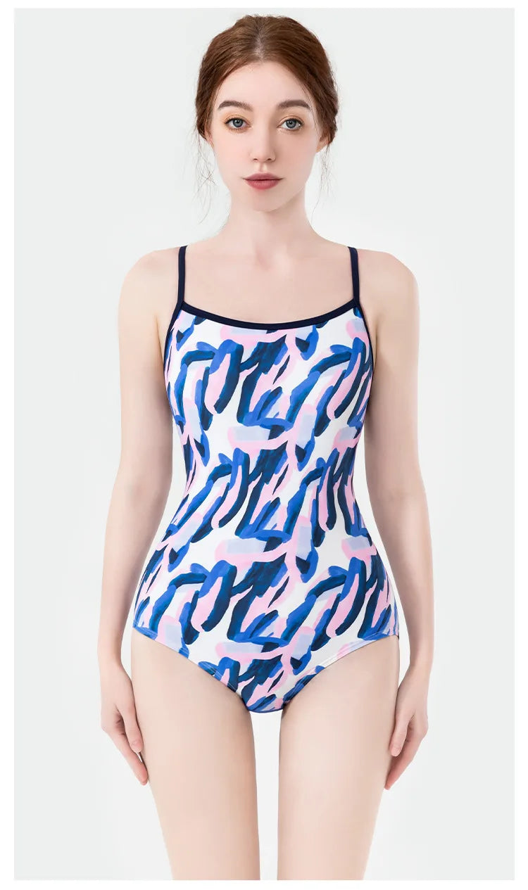 Women Vintage Racing One-piece Swimwear Sun Protection Professional Competition Flower Printed Swimsuit Training Bikini