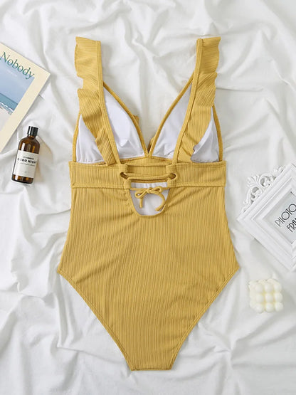 Ruffle Swimsuit One Piece Solid V-neck Backless Swimwear Women Bathing Swimming Swim Suit Female Padded Beach Wear Summer