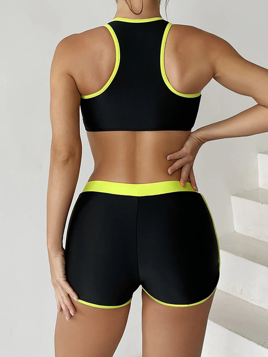 Two Piece Swimsuit Women Zipper Tankini Set High Waist Shorts Swimwear Female Bathing Swimming Suit Sports Beachwear Summer