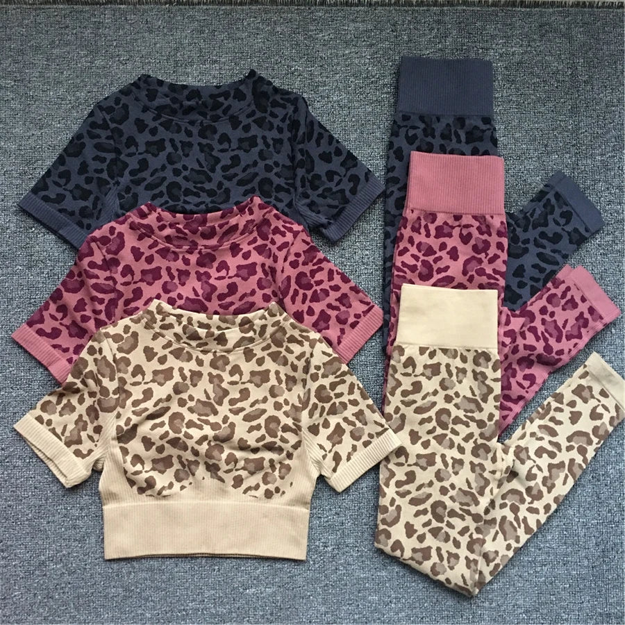 Women Fashion Leopard Printed 2 PCS Yoga Set Gym Shockproof Sports Bras Sport Leggings Running Work Out Training Suit