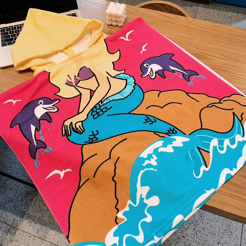 60X120cm Cartoon Kids Hooded Bath Beach Poncho Towels Shark Cute Bathrobe Toddler Boys Girls Cloak Child Bathing Stuff Quick Dry