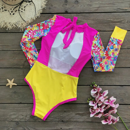Patchwork One-Piece Swimsuit Long Sleeve Swimwear Sports Backless Women's Swimming Bathing Suit Beach Wear Bather Surfing