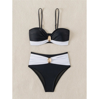 XS - L Splicing Metal Ring Female Swimsuit High Waist Bikini Women Swimwear Two-pieces Bikini set Bather Bathing Suit Swim