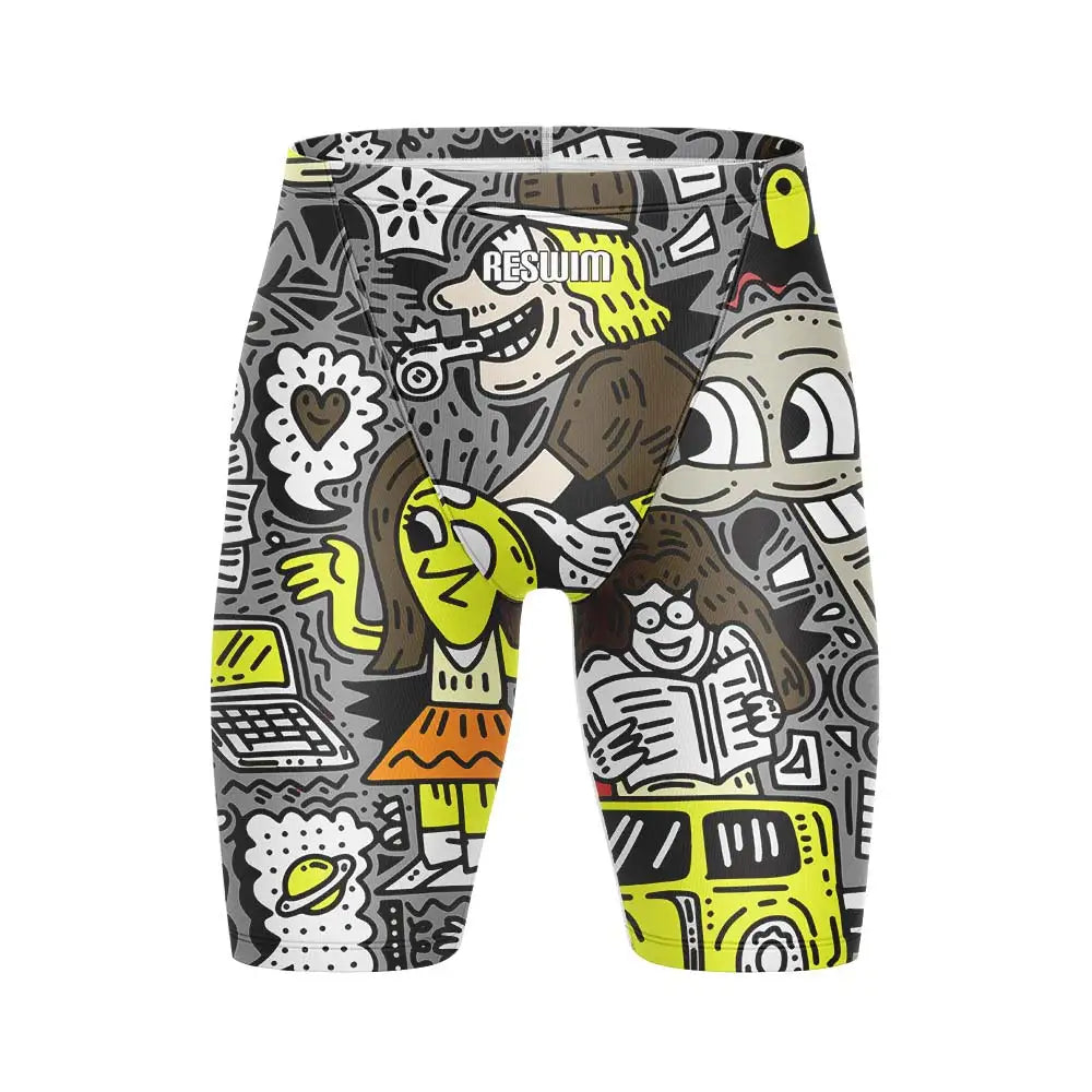 Cartoon Swim Jammer Endurance Athletic Training Swimsuit Men's Beach Swimming Trunks Lycra Swimwear Jammers GYM Tight Surf Shorts