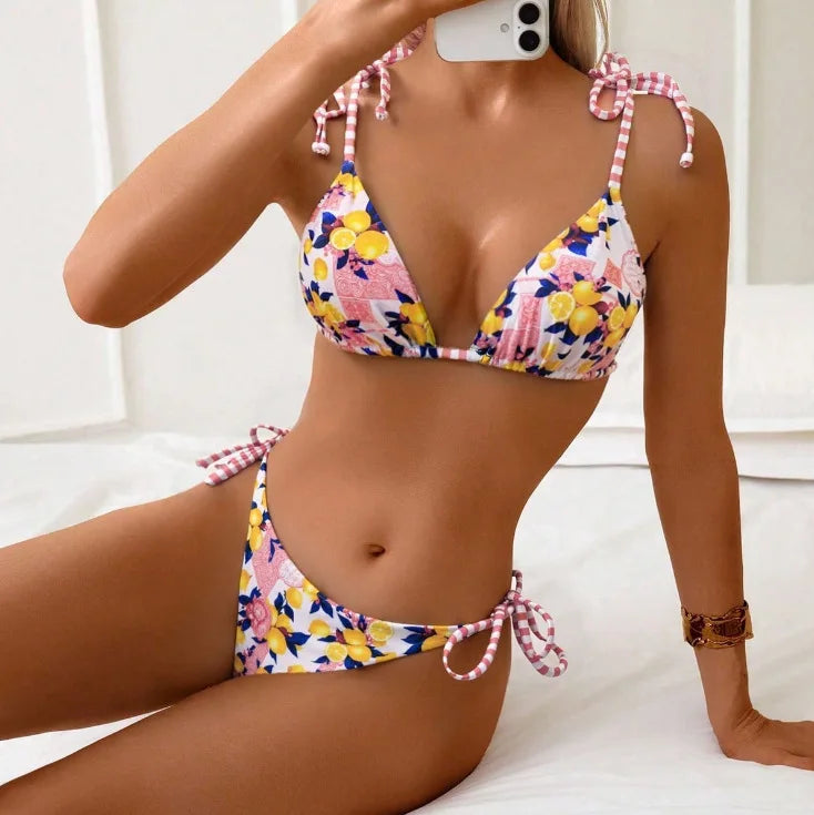 Blue Fruit Print Micro Bikini Women Tie Up Strap Push Up Triangle Swimsuit Beach Bathing Suit Holiday 2 Piece Swimwear