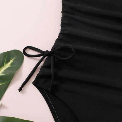 Black Girls One Piece Swimsuit 7-12 Year Kids Swim Suit Teenage Children's Swimwear Drawstring Bathing Suits Beach Bodysuit