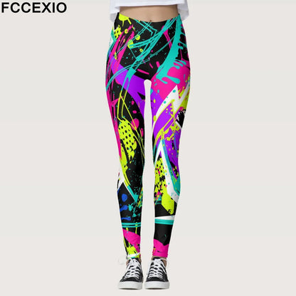 FCCEXIO Summer Geometric Graffiti Print Women's Sports Leggings High Waist Running Tight Fitness Workout Yoga Gym Pants S-3XL