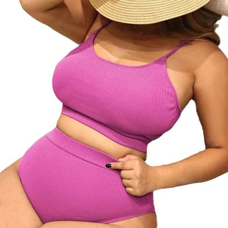 4XL Women's Plus Size Bikini Set Two-Piece Solid Color Swimsuit for Vacation Tummy Control Bathing Suit Swimwear