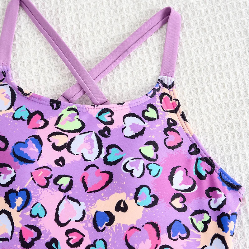Girls High Waist Bikini Sets Heart Print Crop Tops Kids Swimsuit 8-14 Years Children's Swimwear Teenage Bathing Suit Purple