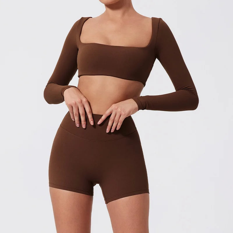 Yoga Clothes 2PCS Gym Set Sports Shorts Set Women Long Sleeved High Waist Shorts Fitness Suit Running Workout Tracksuit
