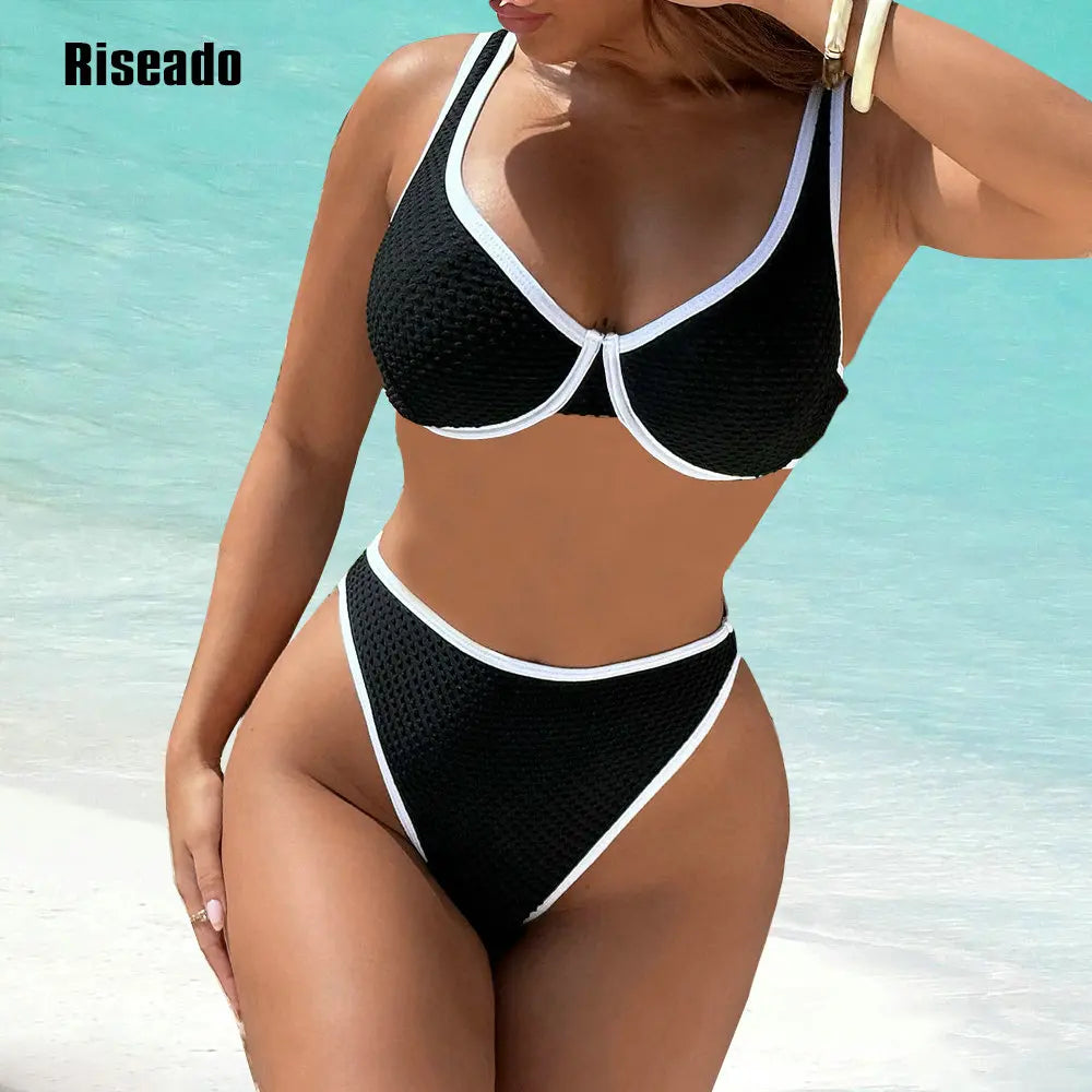 Textured High Cut Push Up Bikini Set with Lace Up Back Padded Two Piece High Waist Swimsuit Swimwear for Women