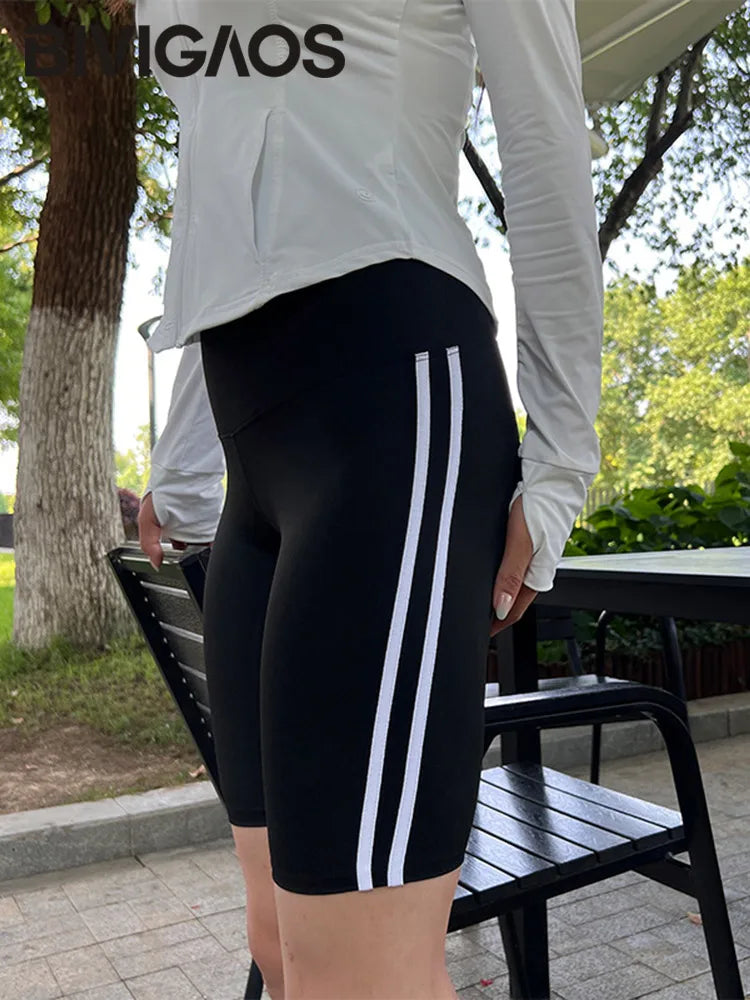 Women Shark Running Short Leggings Summer Side Stripe Sports Biker Shorts High Waist Skinny Seamless Bicycle Shorts