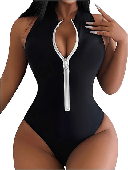 Zipper Swimsuit Women One Piece Slim Swimwear Female Solid Sleeveless Bathers Bathing Swimming Swim Suit Beachwear XXL