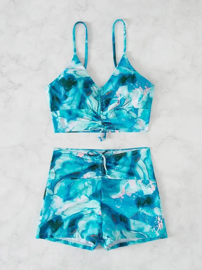 Separate Swimsuit Tie Dye Print Bikini Bathing Suit Women Tankini Set Drawstring Two-Piece Suits Shorts Swimwear Female