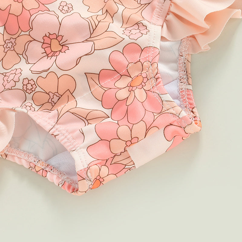 0-4Y Toddler Baby Girl Swimsuit Romper 4 Colors Flower Print Long Sleeve Ruffle Bikini Bathing Suit
