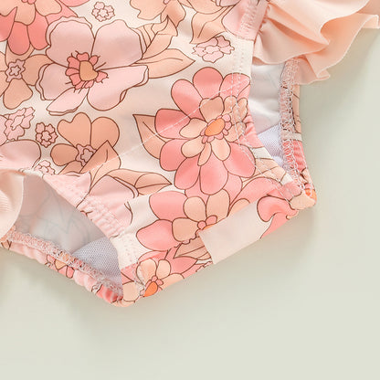 0-4Y Toddler Baby Girl Swimsuit Romper 4 Colors Flower Print Long Sleeve Ruffle Bikini Bathing Suit