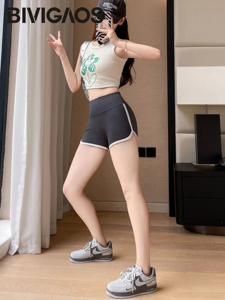 White Edge Sharkskin  Feel Mini Shorts Women High Waist Tight Sports Running Shorts Fitness Yoga Shorts