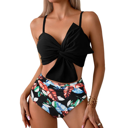 Women Flower Printed Separated Bikini Set Fashion Bow Tie Style High Waist Swimwear Shorts Beach Wear