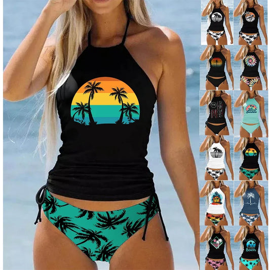 Summer Fashion Casual Vacation Swimsuit Women's Seaside Sunset Dusk Printed Bikini Two Piece Set S-6XL