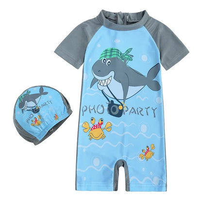 Baby Boys Girls 2pcs Summer Beach Swimwear Print Cartoon Cap+Bodysuit Infant Suit Outfit Bathing Swimsuit