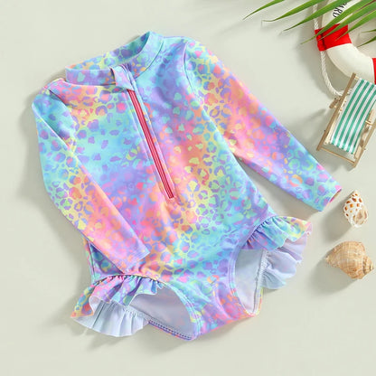 1-6Years Toddler Girls Swimsuits Fish Scale Print Long Sleeve Ruffle Trim Swimwear Summer Beachwear Kids Bathing Suits