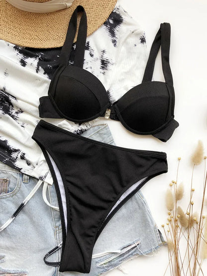 Ribbed Bra Cup High Waist Bikini Women Swimsuit Female Swimwear Two Pieces Bikini set Push Up Bather Bathing Suit Swim Lady