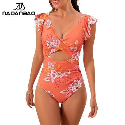 Nadanbao Fashion Elegance One-Piece Swimsuit Women Plicated Bikini Female Hollow Out Backless Flounce Beach Party Swimming Suit