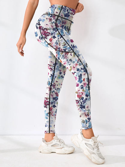 Printed women's high waistband pocket fitness pants paired with tight abdominal yoga pants, suitable for running
