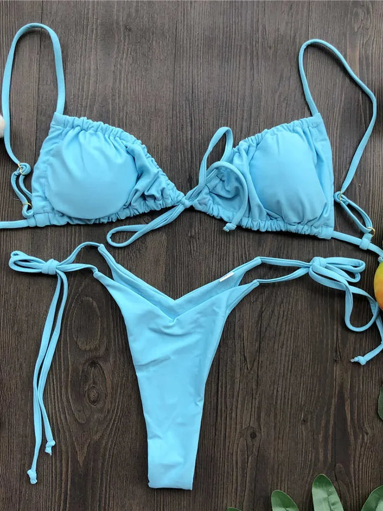 Ruffle Frilled Micro Thong Bikini Women Swimwear Female Swimsuit Two-pieces Bikini set String Bather Bathing Suit Swim