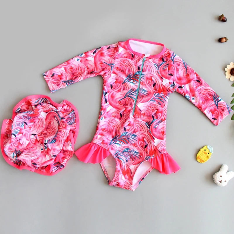 Long Sleeves Girls' Swimsuit With Hat Beachwear Surf One Pieces Colour Ruffle Kids Girls Summer Swimsuits Princess