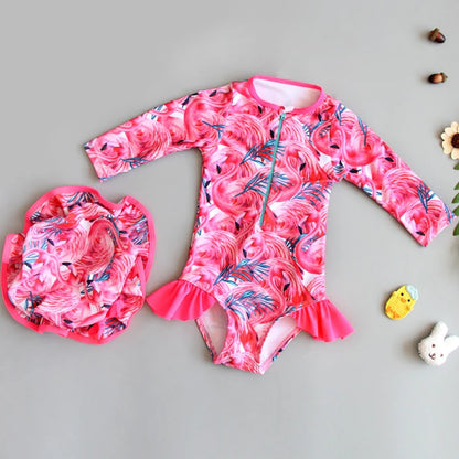 Long Sleeves Girls' Swimsuit With Hat Beachwear Surf One Pieces Colour Ruffle Kids Girls Summer Swimsuits Princess